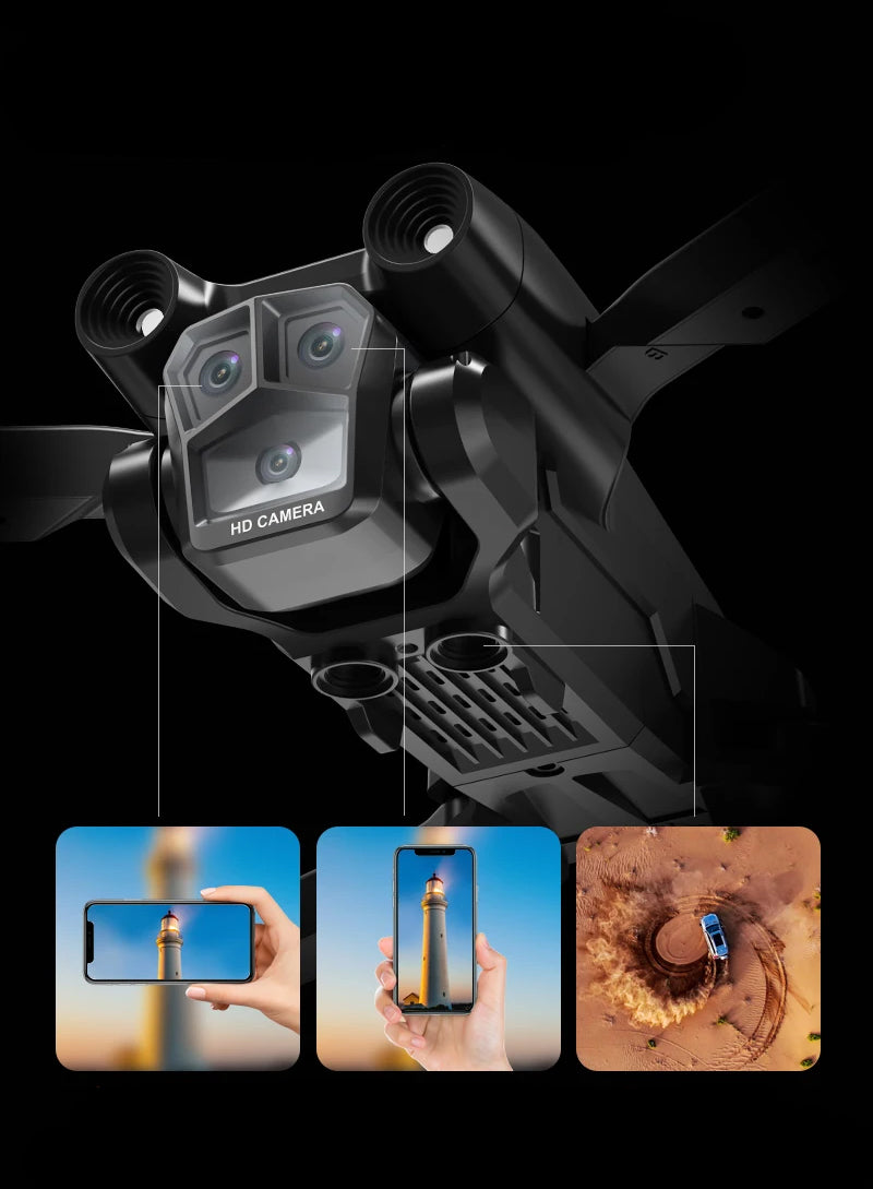 Drone RC M4 com luzes LED em funcionamento e câmara destacada Drone RC M4 com luzes LED em funcionamento e câmara destacada